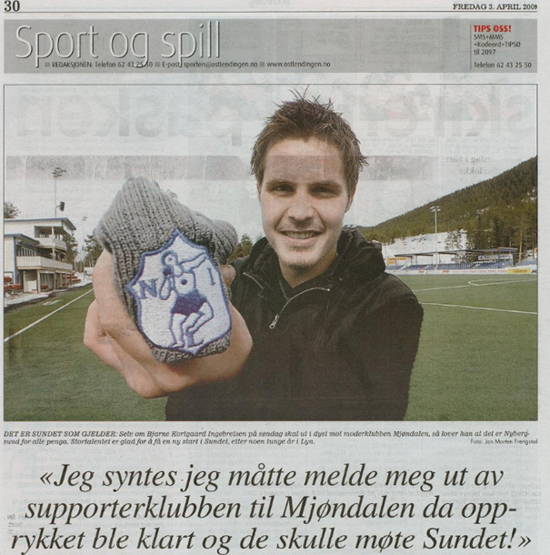 Bjarne Kortgaard Ingebretsen fant det riktig å melde seg ut av 3050 da MIF rykket opp og skulle møte hans Nybergsund/Trysil i 2009-sesongen. Faksimile: Østlendingen 3. april 2009.
